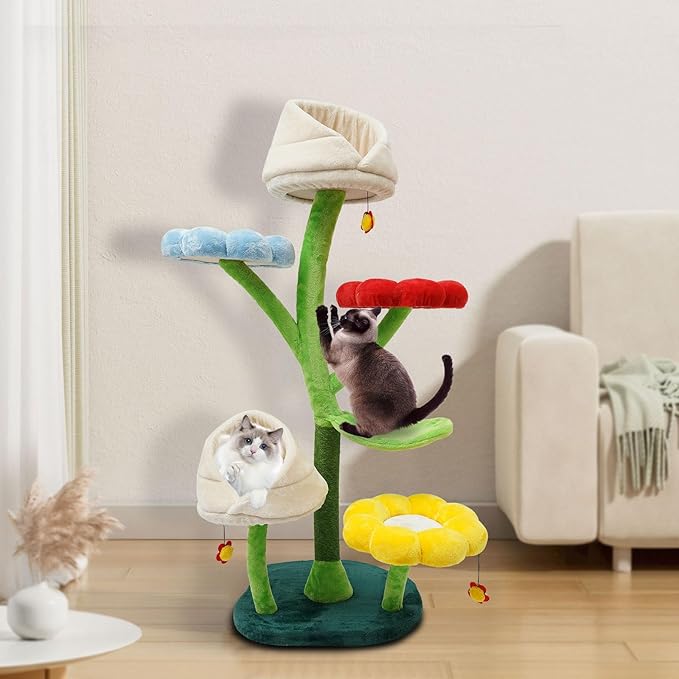 6-Tier Flower Cat Tree 22Lbs with Resting Platforms & Scratching Posts, Cats Activity Center Playground, Stable Flower Design for Adult/Small Cats (Green, Red, Blue, Yellow, and White)