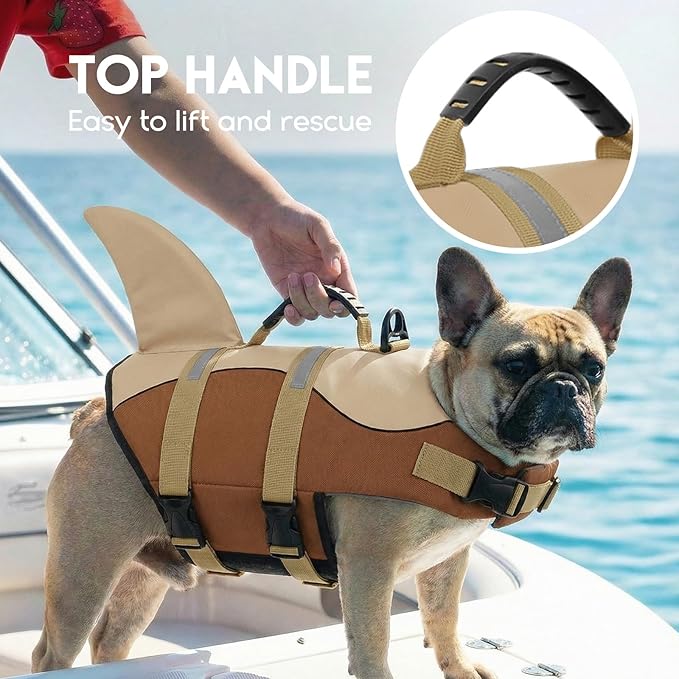 ASENKU Dog Life Jacket - Pet Safety Vest for Swimming & Boating, Shark Life Jacket with Floatation, Dog Lifesavers Swimsuits for Small Medium Large Dogs (Brown, M)