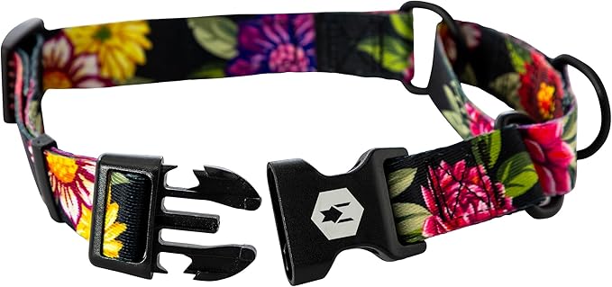 Wolfgang Heavy Duty Martingale Dog Collar with Quick Release Nylon Buckle for Walking & Training, DarkFloral Print, Medium