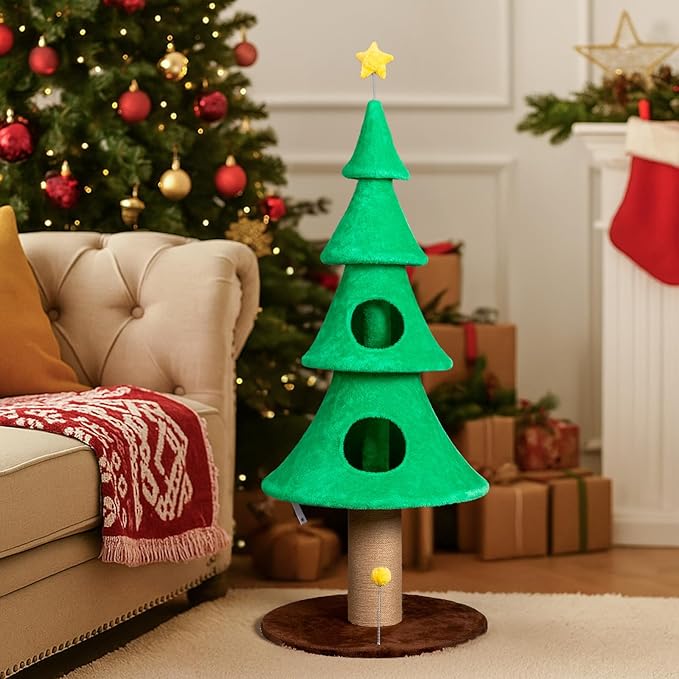 59 Inches Christmas Cat Tree for Indoor, Cat Tower with 2 Condos and Scratching Post,Christmas Tree Party Decoration Activity Center Play House (Green-1)