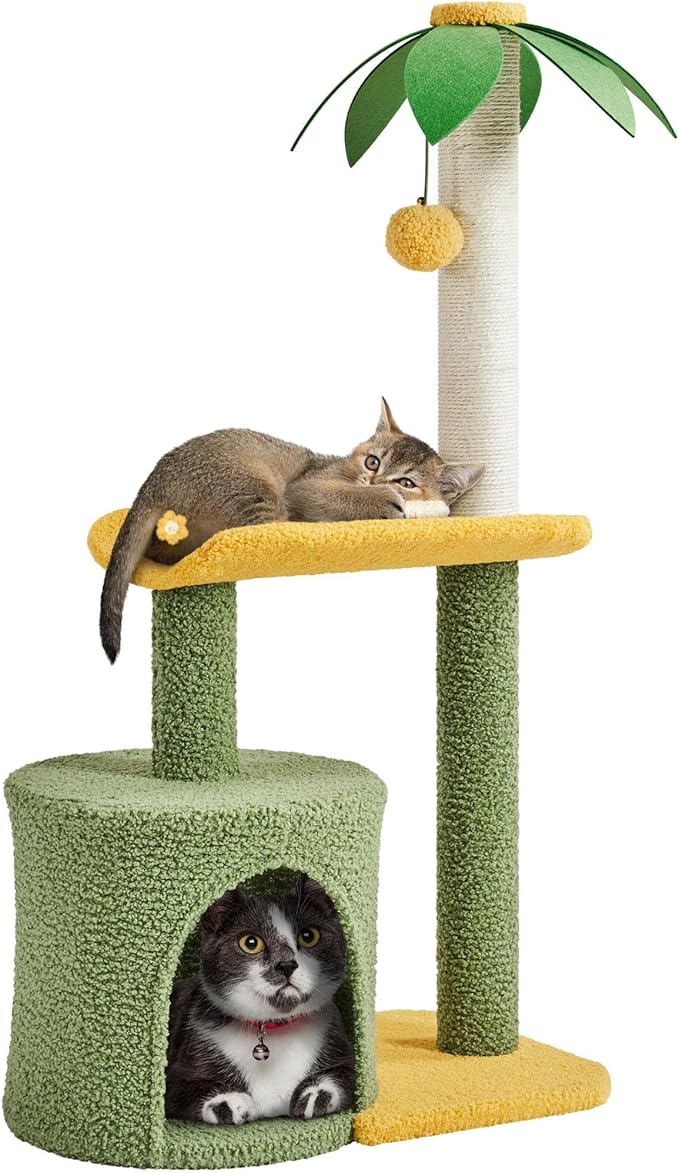 Yaheetech Cat Tree for Indoor Cats, 37in Coconut Palm Cat Tree with Green Leaves, Cat Scratching Post Cat Tower with Large Condo, Play House Activity Center with Bending Perch, Green/Yellow