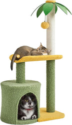 Yaheetech Cat Tree for Indoor Cats, 37in Coconut Palm Cat Tree with Green Leaves, Cat Scratching Post Cat Tower with Large Condo, Play House Activity Center with Bending Perch, Green/Yellow