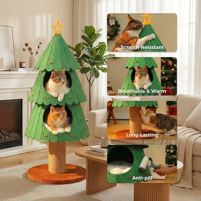 42.9 Inch Cat Tree for Indoor Cats, Cute Cat Tower with 2 Cozy Houses, Holiday Kitty Climbing Furniture for Kittens to Play and Sleep
