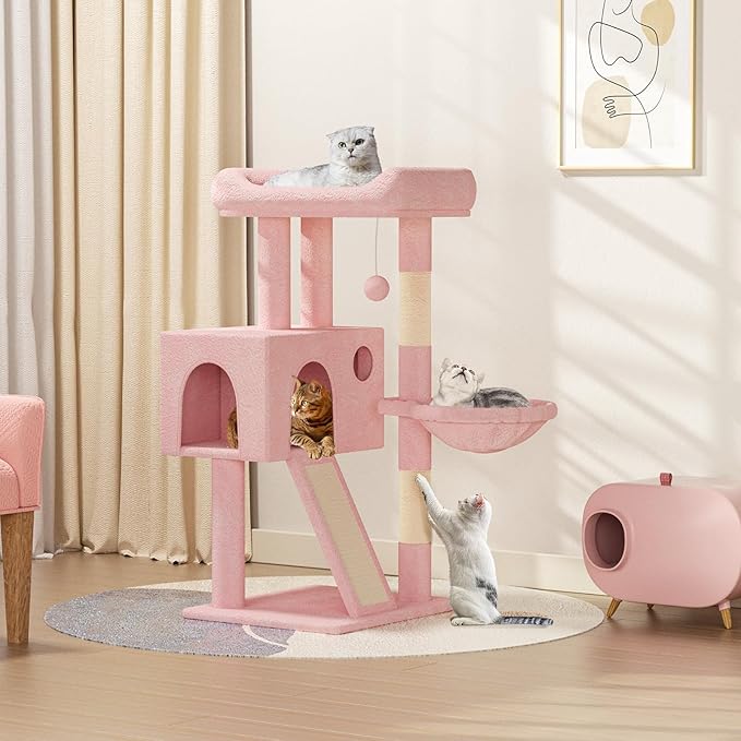 Cat Tree Tower with Cat Condo, Small Cat Tower with Scratching Post & Hammock, Cat Tree for Indoor Cats, 36 Inch, Soft Pink