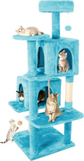 58in Large Cat Tree Tower for Indoor Cats with Soft Plush Hang Ball, Two Condos, Sisal Scratch Posts & Rope Play for Kittens/Adult Cats, Blue