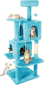58in Large Cat Tree Tower for Indoor Cats with Soft Plush Hang Ball, Two Condos, Sisal Scratch Posts & Rope Play for Kittens/Adult Cats, Blue