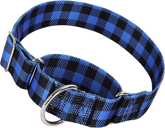 Wide Martingale Collar for Dogs Large Medium Extra Large with Blue Plaid Design, No Pull Choke Cinch Escape Proof Training Collar -Plaid L