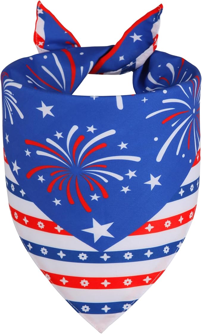 4th of July Dog Bandana for Medium Large Dogs - Double-Sided Patriotic USA Flag Fireworks Tie-On Scarf, Red White Blue for Boy or Girl Pups, 14-18" Neck