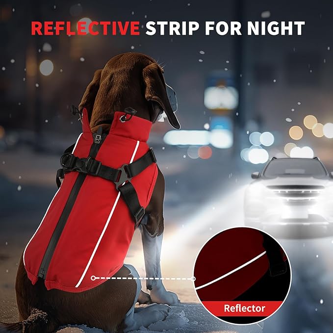 Dog Winter Coat Reflective Water-Resistant Jacket, Fleece Lined Windproof Puppy Coat with Back Zipper & D-Ring, Cold Weather Dog Coats for Small Medium Dogs (L, Red)