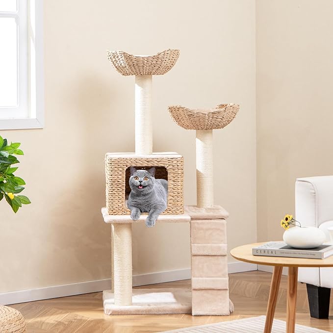 PETSITE 48 inch Cattail Cat Tree, Multi-Level Cat Tower with Sisal Scratching Posts, Cat Condo, Basket Beds, Climbing Ladder, and Soft Washable Cushions, Modern Cat Tree for Indoor Cats