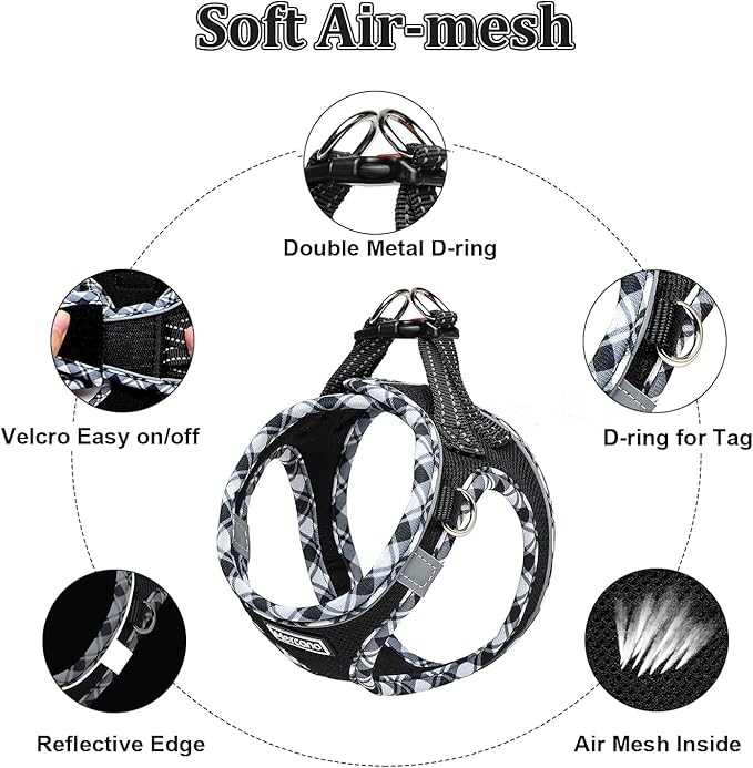 Mercano Soft Mesh Dog Harness and Leash Set, No-Chock Step-in Reflective Breathable Lightweight Easy Walk Vest Harnesses with Safety Buckle for Small Dogs, Cats (Black White, L)