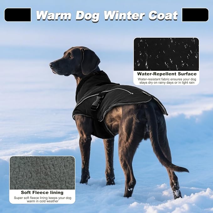 DENTRUN Winter Warm Dog Coat Reflective Jacket with Turtleneck for Cold Weather, Adjustable Buckle Windproof Water Repellent, Thick Snowsuit Fleece Vest for Small, Medium, Large Dogs, Black, L