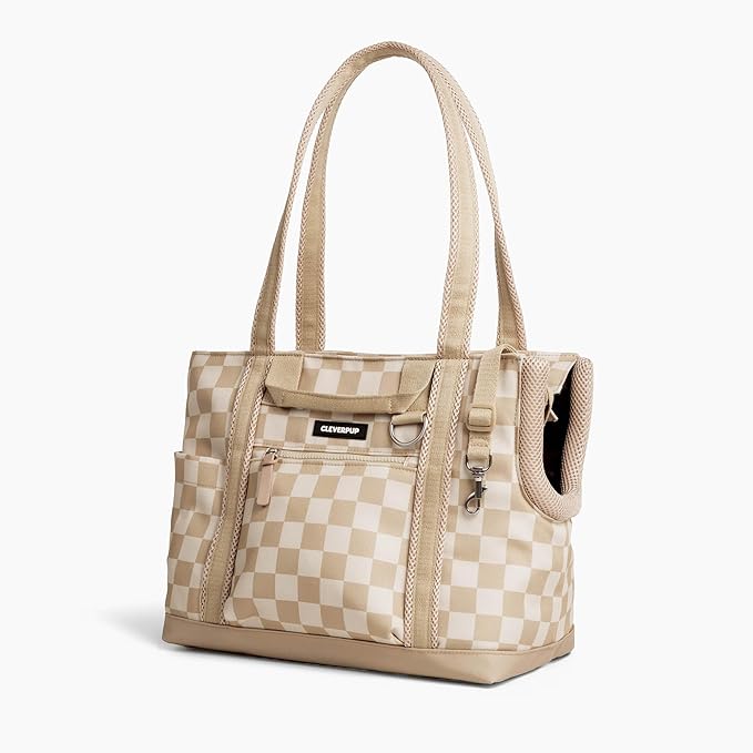 Cleverpup Transit Tote Dog Carrier for Small Dogs up to 8 lbs, 16x11x8 Soft-Sided 4-Pc Set with Waterproof Base, Plush Insert, Food Pouch, Mesh Head Opening - Small, Checkerboard