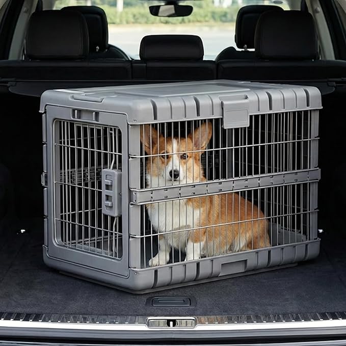 Collapsible Dog Crate for Dogs - 28" L Heavy Duty Dog Kennel No Tools Required with 4 Sides Steel Foldable Cage for Dogs Indoor Furniture, Portable Carrier with 2 Smooth Wheels, Gunmetal