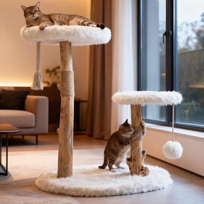 Modern Cat Tree Tower for Indoor Cats, Natural Solid Wooden Branch with Sisal Scratching Post, Log Style Cat Furniture with Perches Platform & Toy Ball for Multi-Cat Households