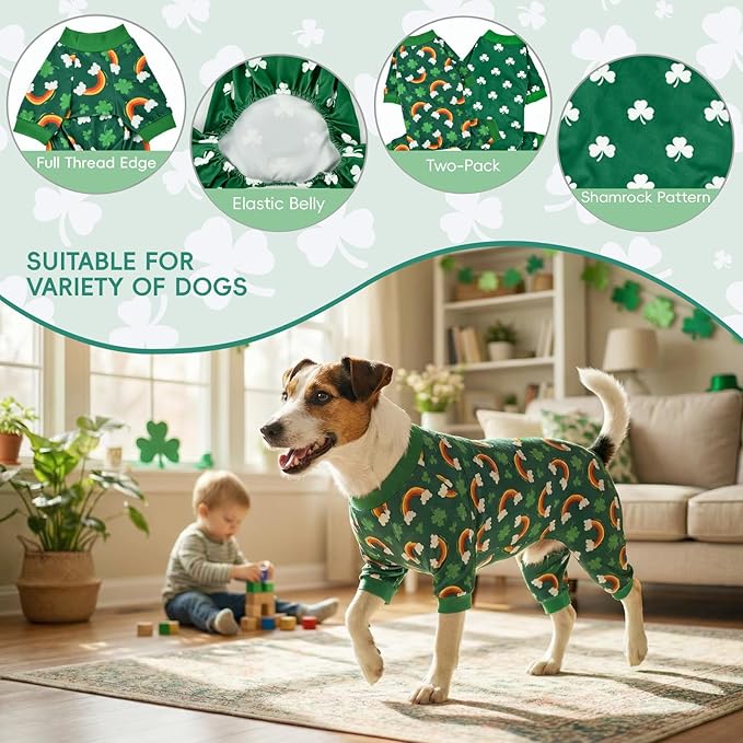 Vehomy 2-Pack St.Patrick's Day Dog Pajamas Clover Rainbow Pet Jumpsuits Puppy Pjs Lucky Shamrock Dog Onesie St Patricks Dog Jammies Costume Outfit Clothes for Small Medium Large Dogs XL