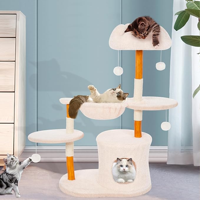 Cute Cat Tree Tower for Indoor Cats Adult, Wood Flower Cat Trees with Cat Hammock, Modern Cat Tree Tower with Scratching Post, Aesthetic Luxury Cats Condo for Cats Kitten(Alpine White)