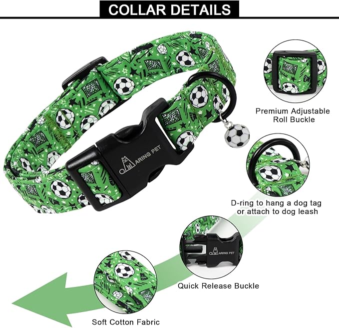 ARING PET Soccer Dog Collar, Cute Green Doggy Collars with Quick Release Buckle for Puppy Small Medium Large Boy Girl Dogs-XS
