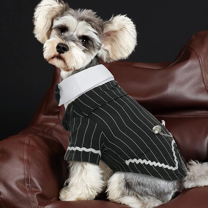 DENTRUN Dog Tuxedo Suit with Bow Tie - Formal Black & White Striped Pet Costume Shirt, Elegant Wedding Outfit Birthday Party Attire for Maltese Dachshund Corgi Beagle Medium Large Dogs, L
