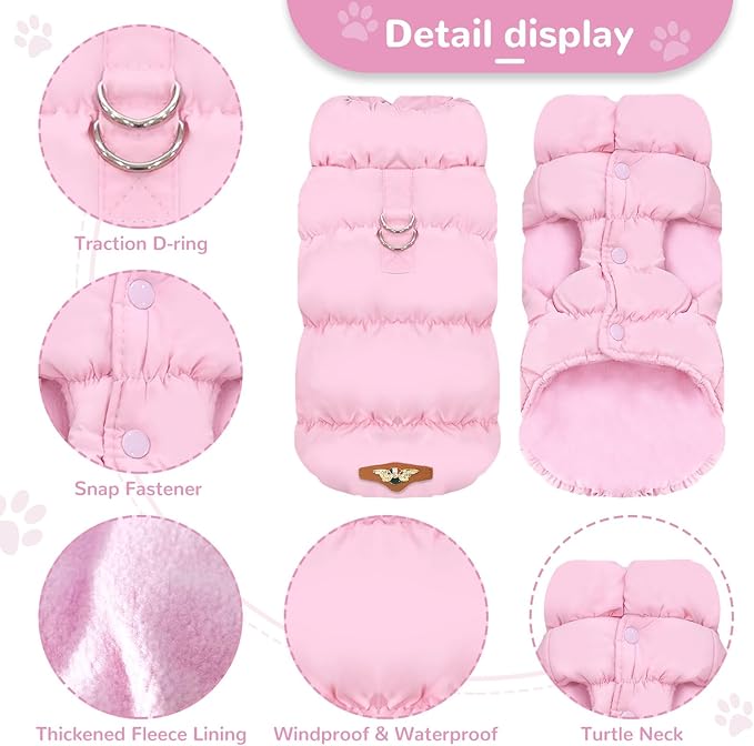 Winter Warm Dog Jacket for Small Medium Dogs Cat Cold Weather Coats with Harness Paded Dogs Fleece Vest Waterproof Windproof Dog Snow Jacket Pet Puppy Clothes (Pink,M)