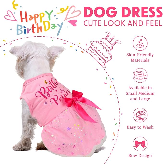 Dog Birthday Dress Dog Dress with Bowknot Tulle Birthday Princess Pet Clothes for Small Medium Large Dogs Girls Boys Cats Outfit Apparel