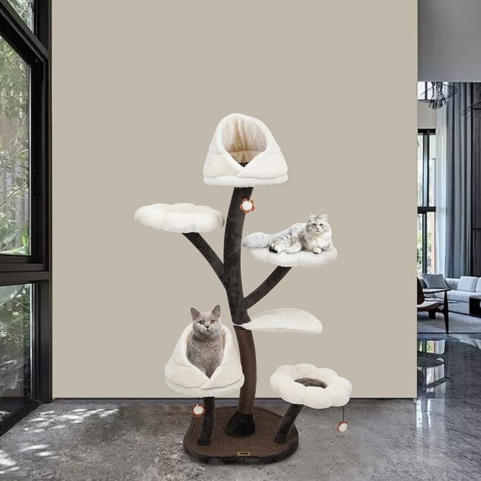 Modern Flower Cat Tree, 63.8 Inch Multi-Level Indoor Cat Tower, with Springboard, Nest, Scratching Board/Columns/Post, for Indoor Cats Large Adult (White)
