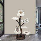 Modern Flower Cat Tree, 63.8 Inch Multi-Level Indoor Cat Tower, with Springboard, Nest, Scratching Board/Columns/Post, for Indoor Cats Large Adult (White)
