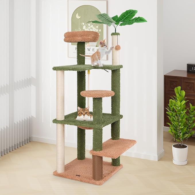 Tangkula Plant Cat Tree, 60 Inch Green Aesthetic Cat Tower with Sisal Scratching Posts, Artificial Leaves, Perch, Hammock, Self Groomer, Rope, Pompom Ball, Cute Cat Tree Tower for Indoor Cats