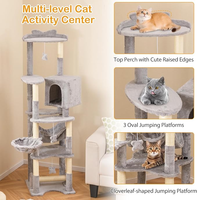 PETSITE 69 Inch Tall Cat Tree, Multi-Level Grey Cat Tower with Sisal Scratching Posts, Cat Condo, Basket Bed, Hammock, Basket Bed, and Hanging Toys, Modern Cat Tree Tower for Indoor Cats