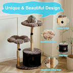 Modern Floral Cat Tree Tower with Real Wood Branch| Multi-Level Cat Tower with Scratching Posts | Cute Aesthetic cat Tree with Luxury cat condo for Indoor Cats (Leopard Flora)