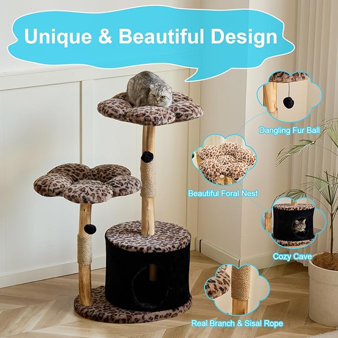 Modern Floral Cat Tree Tower with Real Wood Branch| Multi-Level Cat Tower with Scratching Posts | Cute Aesthetic cat Tree with Luxury cat condo for Indoor Cats (Leopard Flora)