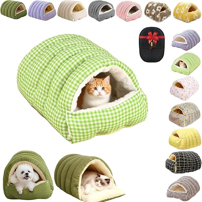 Removable and Washable Winter Closed-Off Cat Bed, Cutypet Winter Cave, Warm Foldable Secure Pet Nest for Indoor Cats & Small Dogs, Comfor Plush Snuggle Hut for Kitty, Puppy, Pets (Linen-Green,M)