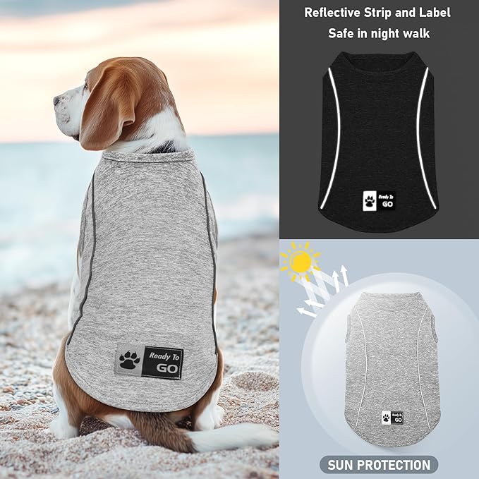 KYEESE Reflective Dog Shirt, Lightweight Sun Protection Dog T Shirts for Medium Large Dogs, Breathable Sleeveless Pet Tank Top High Visibility Summer Dogs Clothes for Night Walking Outdoor, Grey, 2XL