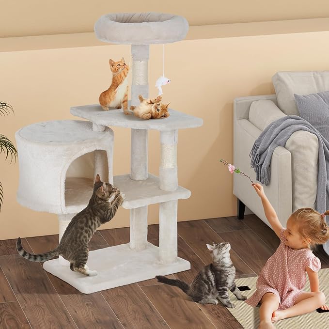 Cat Tree, 36 Inches Indoor Cat Tree Tower Condo, Natural Sisal Cat Scratching Post with Cozy Bed, Small Cats Tree for Kittens, Soft Perch & Cute Toys, Beige