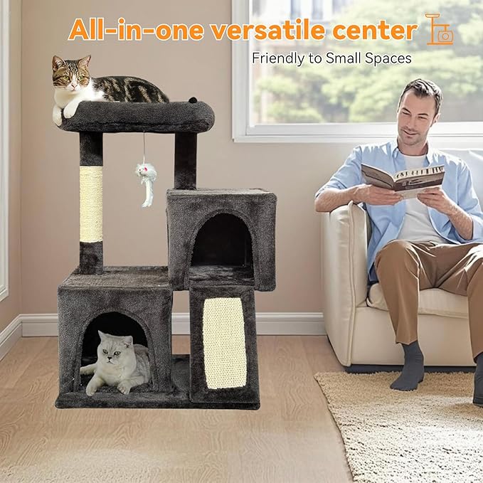 Cat Tree, 29.5 Inches Cat Tower with Dual Condos for Indoor Cats, Plush Cat House with Padded Perch, Scratching Ramp and Posts -Dark Gray