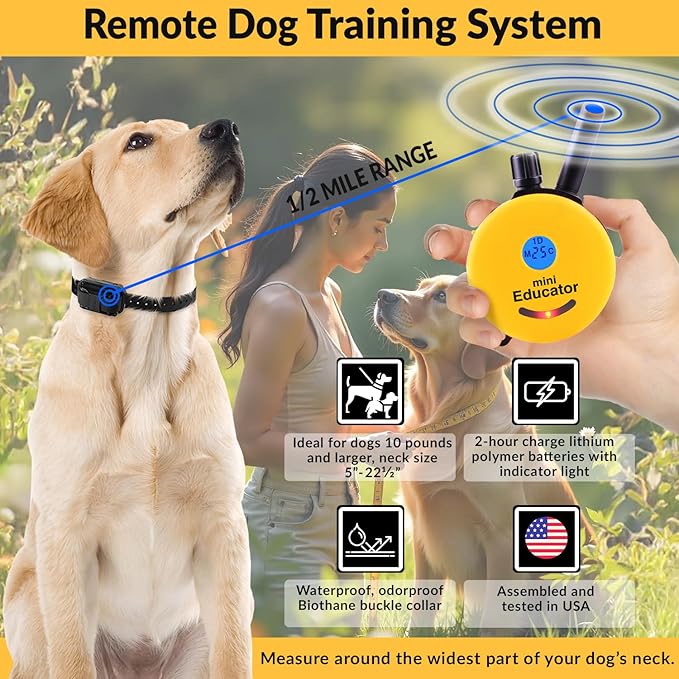 E-Collar – Educator ET-302-1/2 Mile Waterproof Remote Dog Training Collar Includes Premium Finger Clicker Trainer, 100 Programmable Levels + Vibration + Light + Sound