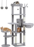 59" Cat Tree, Tall Cat Tower for Large Cat, Multi-Level Tower with 3 Removable Pompom Sticks, Cat Tree for Indoor Cats, Condo with Large Hammock, Scratching Post, and 2 Perches, Grey