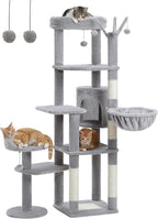 59" Cat Tree, Tall Cat Tower for Large Cat, Multi-Level Tower with 3 Removable Pompom Sticks, Cat Tree for Indoor Cats, Condo with Large Hammock, Scratching Post, and 2 Perches, Grey