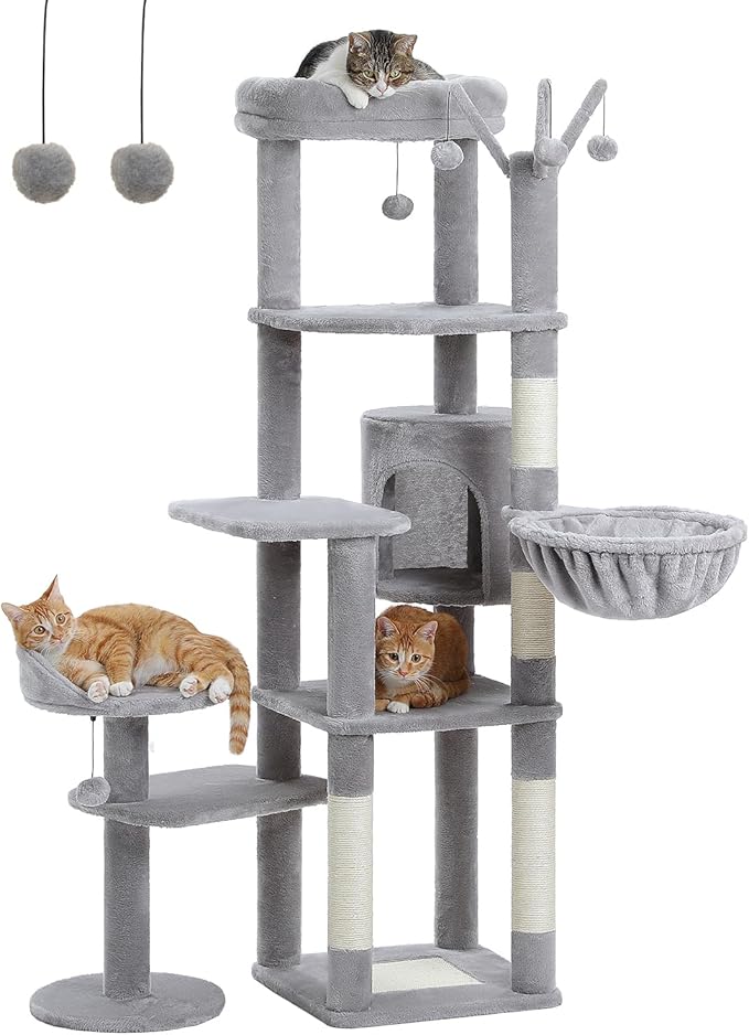 59" Cat Tree, Tall Cat Tower for Large Cat, Multi-Level Tower with 3 Removable Pompom Sticks, Cat Tree for Indoor Cats, Condo with Large Hammock, Scratching Post, and 2 Perches, Grey