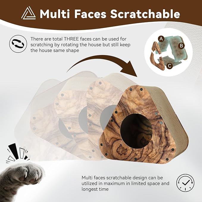 Cat Scratcher House, Cozy Cardboard Design, Safe and Secure for Kittens, Eco-Friendly, Wood Grain (Triangles)