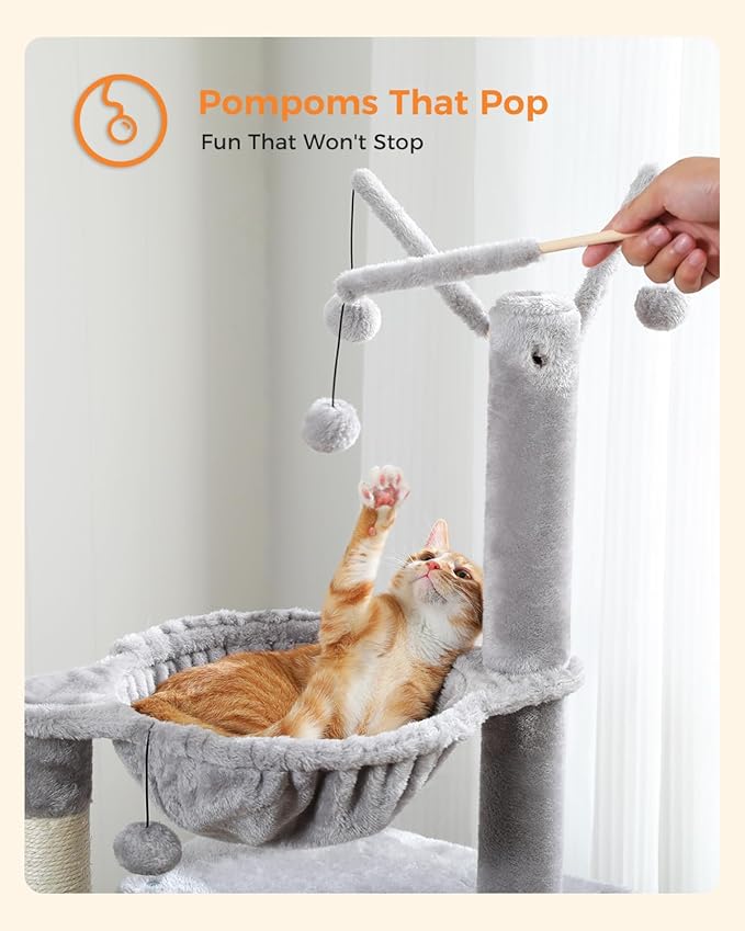 45-Inch Small Cat Tree with 2 Condos for Indoor Cats,Cat Tower with Scratching Posts for Small Cats,Grey Cat Tree Tower with Hammock and Cat Toys