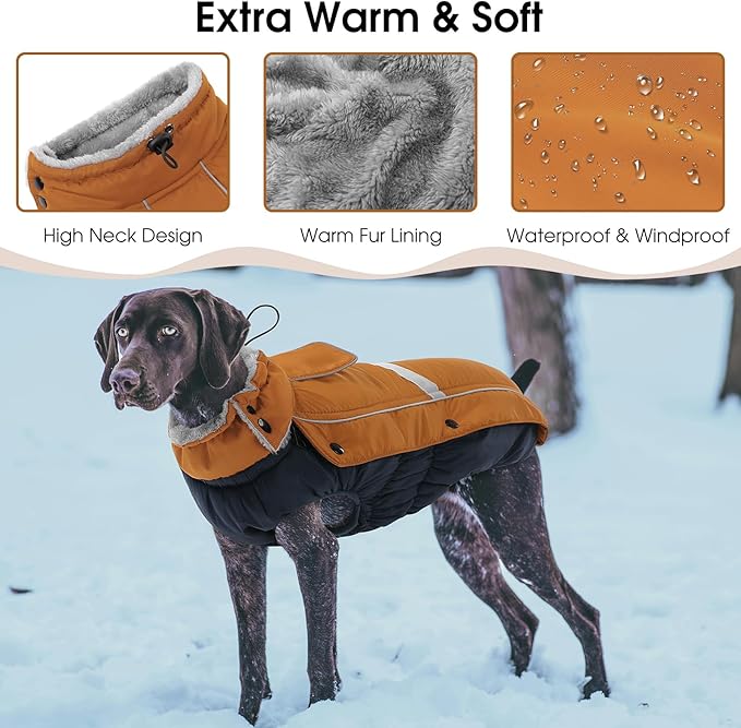 Queenmore Warm Fleece Dog Jacket, Cold Weather Waterproof Dog Snow Jacket with Leash Hole, Reflective Turtleneck Dog Snow Jacket Snowsuit,Dog Warm Coat for Small Medium& Large Dogs(Brown,M)