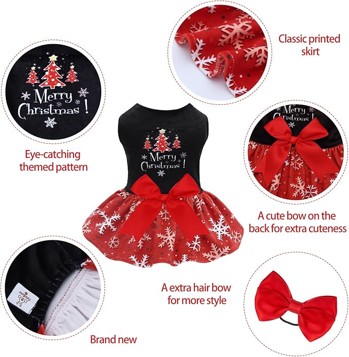 CuteBone Christmas Dog Dresses Velvet Holiday Small Dogs Clothes Onesie Pet Apparel Girl Puppy Skirt with Bow Hair Rope CVA54L-D