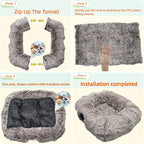 XxingSheep XL Cat Tunnel with Bed for Indoor Cats Peekaboo Cat Cave Donut Toy with Warm Mat,Yellow-Brown