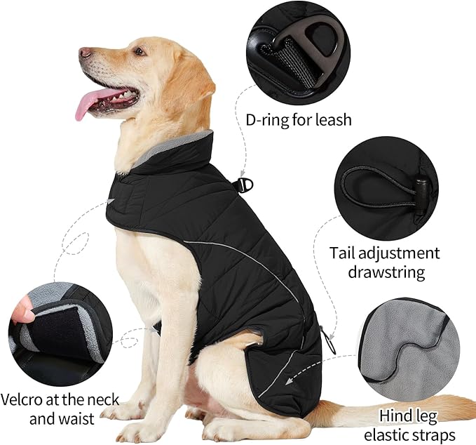 LIANZIMAU Dog Winter Coat with D Ring Leash Built in Waterproof Windproof Reflective Warm Winter Jacket Adjustable Tail Insulated Apparel for Dogs