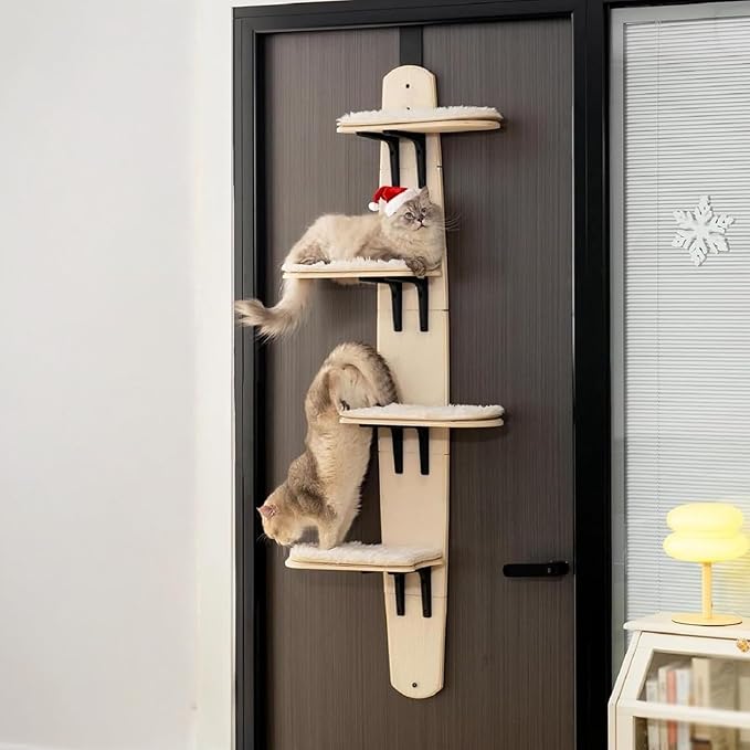 Door Hanging Cat Tree,Door Hanging Cat Shelf with Soft Mat,4-Levels Over The Door Cat Climber for Indoor Cats(Wooden-67.3" H X 23.2" L X 8.3" W)