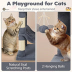 Tangkula Cat Tree Tower, 44 Inch Multi-Level Cat Tower with Sisal Scratching Posts, 2-Door Condo, Padded Top Perch & Hammock, 2 Hanging Balls, Jumping Platforms for Indoor Cats (Gray)
