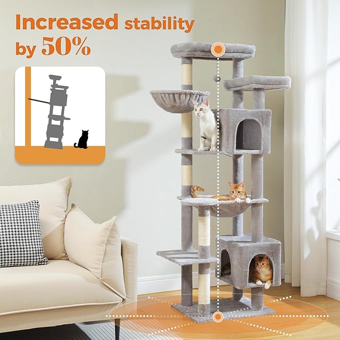 PETEPELA 69" Tall Cat Tree for Indoor Large Cats, Cat Tower for Adult Cats with Big Hammock, Cat Climbing Tree Tower with Scratching Posts, Condo House and Large Top Perch, Grey
