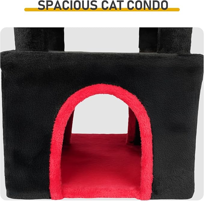Gothic Cat Tree with Coffin Bed, 53" Large Tall Cat Tower for Indoor Cats with Top Perch, Spacious Cat Condos, Spider Hanging Balls,Comfy Hammock, Scratching Post and Ladder, Black Halloween