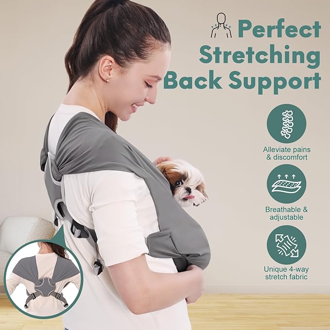 Supet Dog Sling Carrier for Small Pets, Hands Free Cat Sling, Reducing Back Neck Pain Anti-Anxiety Puppy Front, Adjustable Soft Dog Carrying (Grey, Regular 0-9 Lbs)